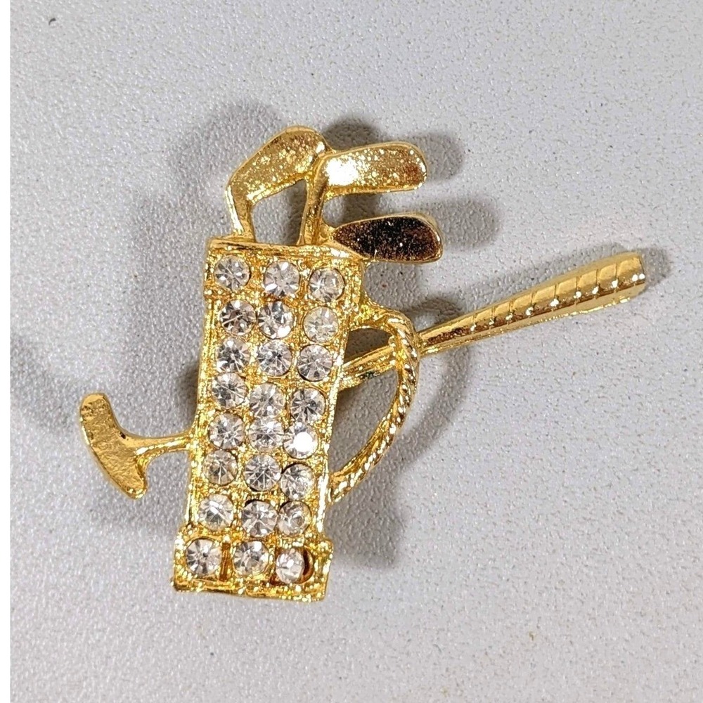 Gold Tone Crystal Rhinestone Golf Club Bag Pin Brooch Sparkly Sports Gift Blazer